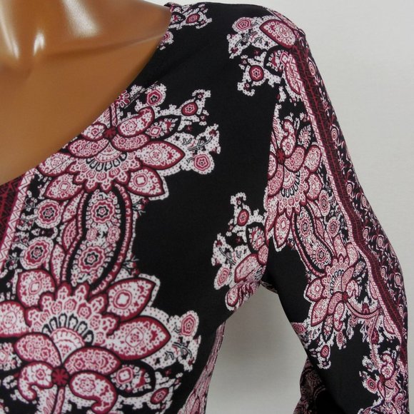 DRESSBARN Top L Tunic Blouse Red/Black Print Stretch V-Neck 3/4 Asymmetric Slvs - Picture 5 of 11